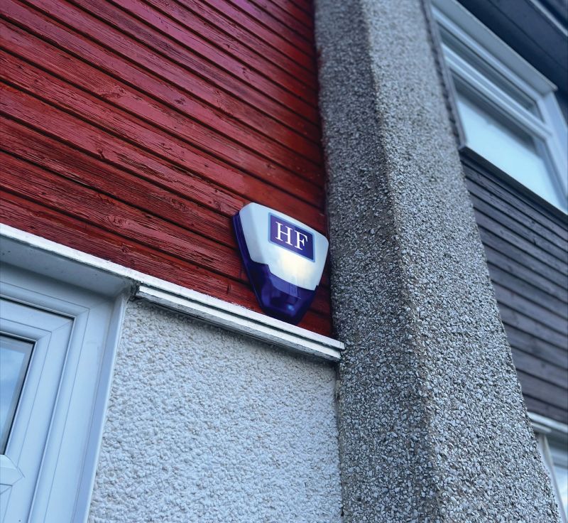 an HF Fire & Security Bell Box installed as part of a domestic intruder alarm installation in Motherwell