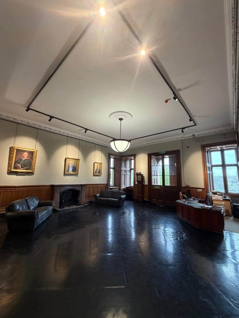 the reception area lighting upgrades out electricians have completed for Fettes College in Edinburgh