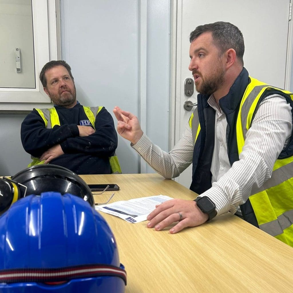 Our SHEQ Manager Jonathin Ring delivering a Safety Toolbox Talk on site to our electricians, ensuring that the message of safety is always our priority.