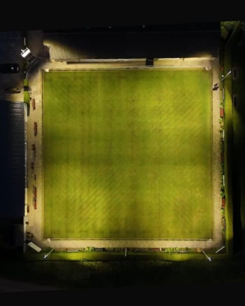 An overhead drone shot of the new LED Lighting installed at the Bowling Club