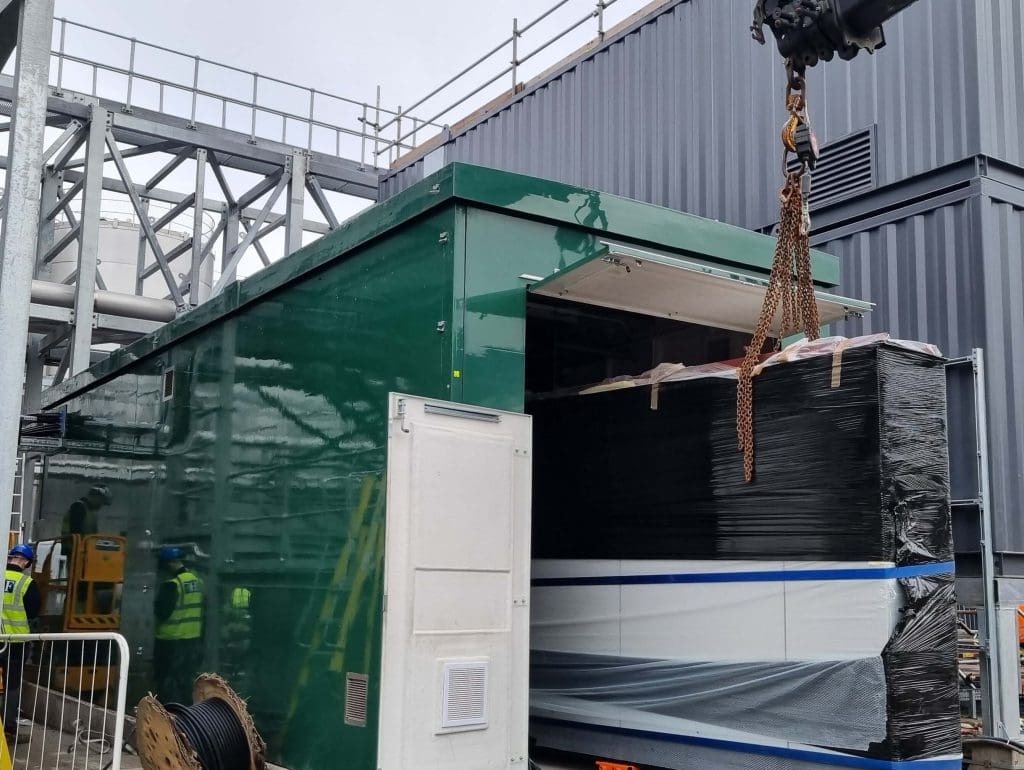 The new control panel designed and built by HF Controls being installed on site.